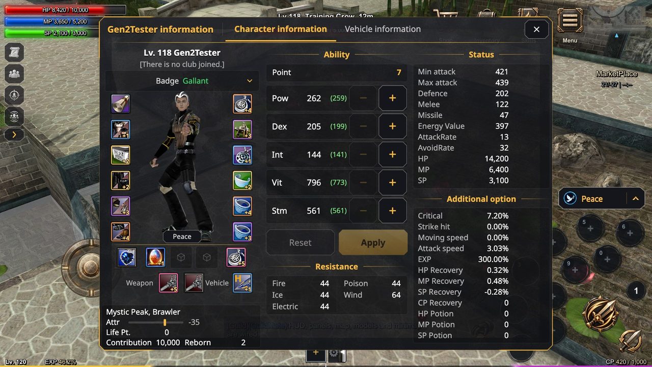 Character window with stats and equipment