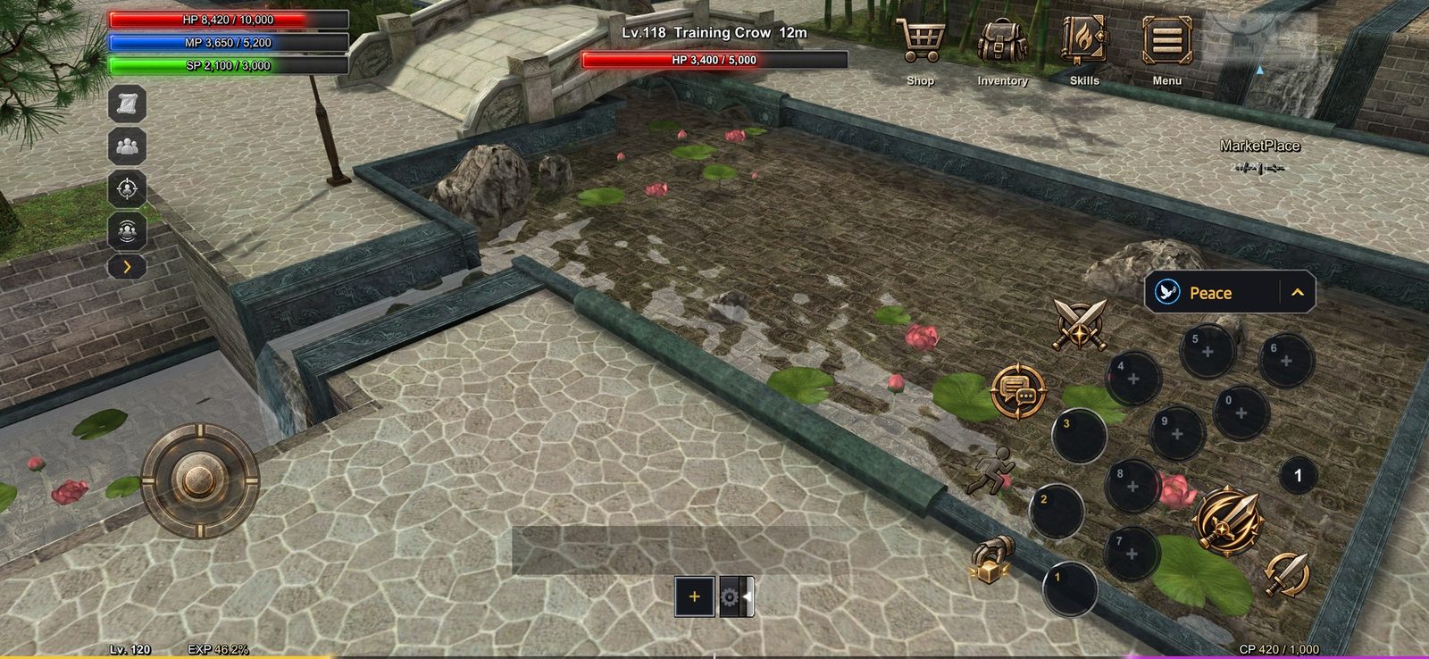 The game on a phone: joystick on the left, skills on the right, a training target ahead