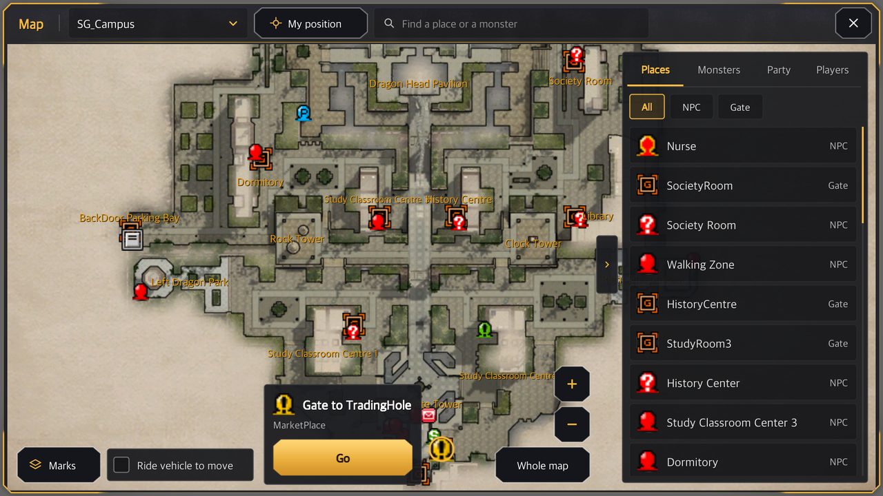 Full-screen map with a list of places